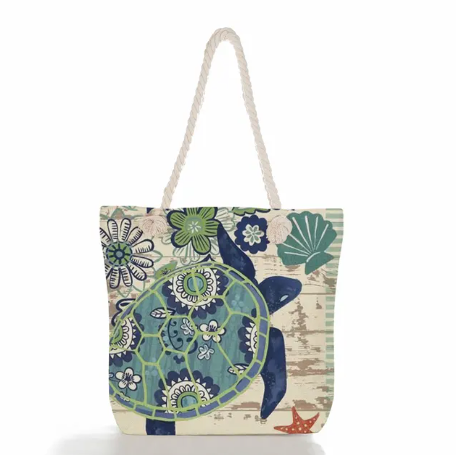 bags : Linnen Strandtas Dames - Schoudertas Dik Touw - Linnen in Blauwe schildpad van Pantino