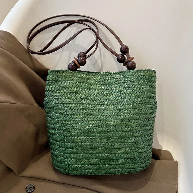 bags : Boheemse Stro Schoudertas Dames - Grote Capaciteit Kralenversiering - Stro in Groen 28x15x26cm van Pantino