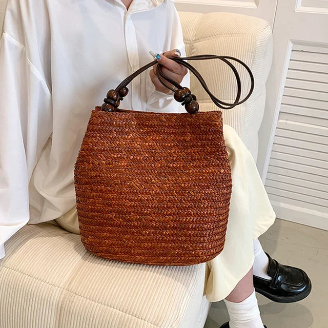 bags : Boheemse Stro Schoudertas Dames - Grote Capaciteit Kralenversiering - Stro in Bruin 28x15x26cm van Pantino