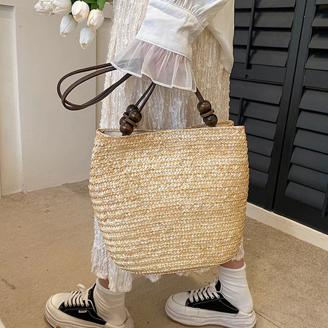 bags : Boheemse Stro Schoudertas Dames - Grote Capaciteit Kralenversiering - Stro in Beige 28x15x26cm van Pantino