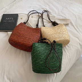 bags : Boheemse Stro Schoudertas Dames - Grote Capaciteit Kralenversiering - Stro in van Pantino