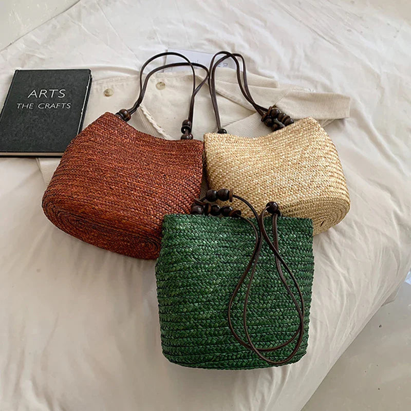 bags : Boheemse Stro Schoudertas Dames - Grote Capaciteit Kralenversiering - Stro in van Pantino