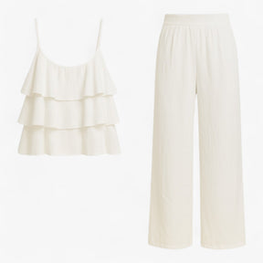 Women Set : Elegante, Gecoördineerde Set voor Dames - Bruin in Wit van Pantino