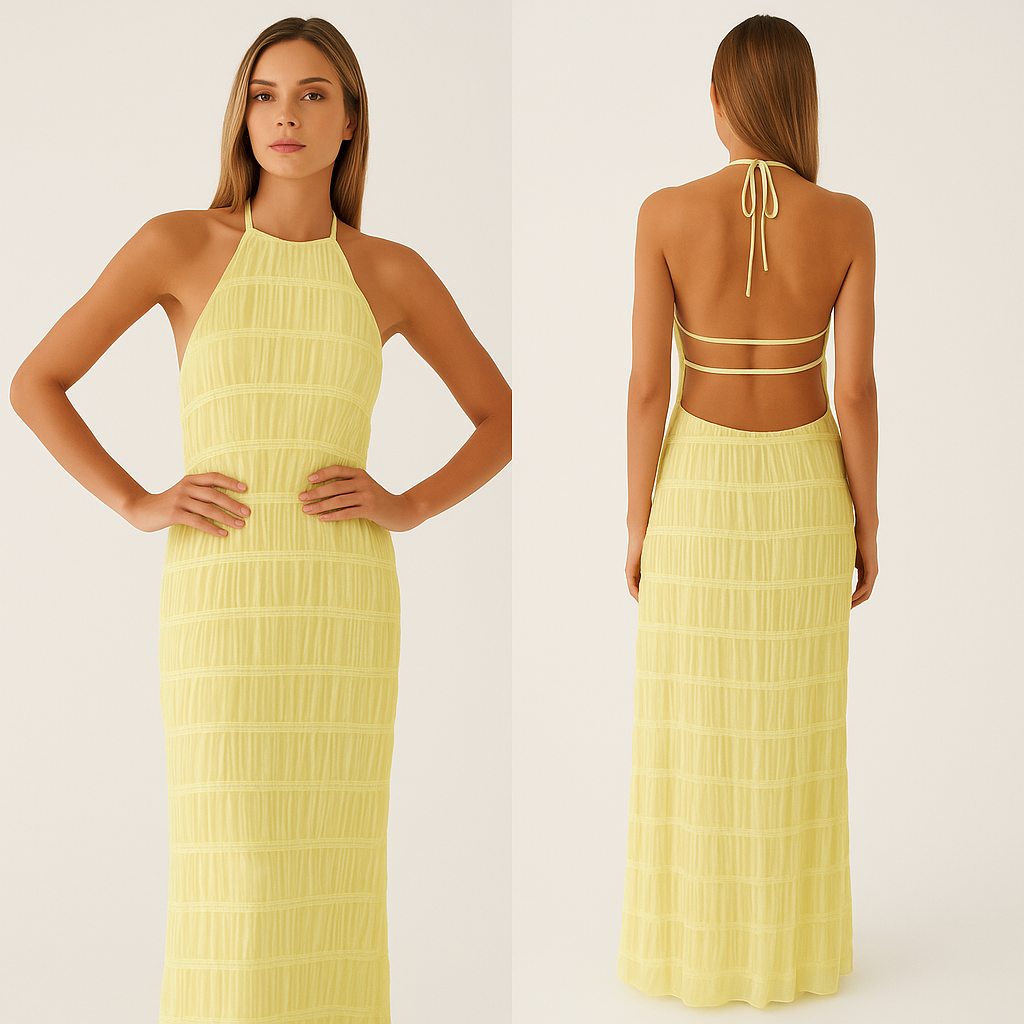 Maxi Dress : Lange Jurk Zonder Rug met Patchworkdetails voor de Zomervakantie - Geel in van Pantino