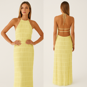 Maxi Dress : Lange Jurk Zonder Rug met Patchworkdetails voor de Zomervakantie - Geel in van Pantino