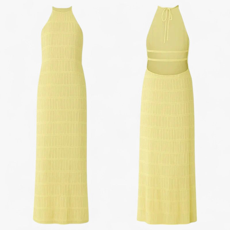 Maxi Dress : Lange Jurk Zonder Rug met Patchworkdetails voor de Zomervakantie - Geel in van Pantino