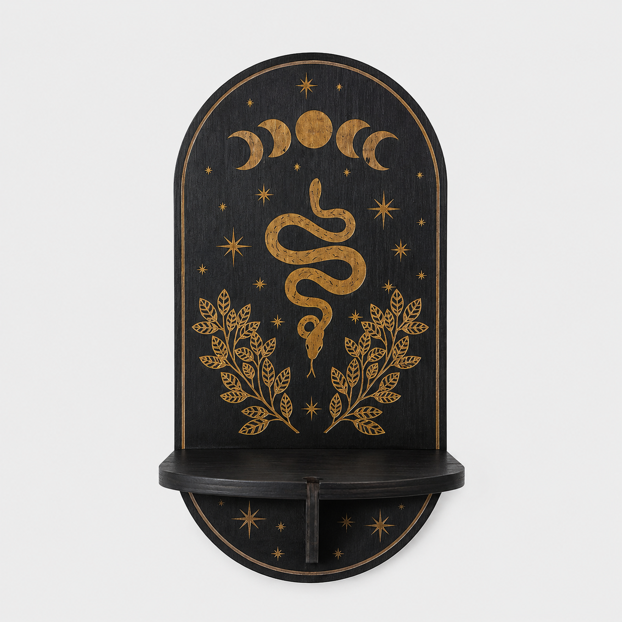 Gifts – Seasonal – Halloween : Houten Wandkaarsenhouder met Mystiek Motief – Decoratief Wandplankje voor Kaarsen in Maanfasen &amp; Slang van Pantinoshop