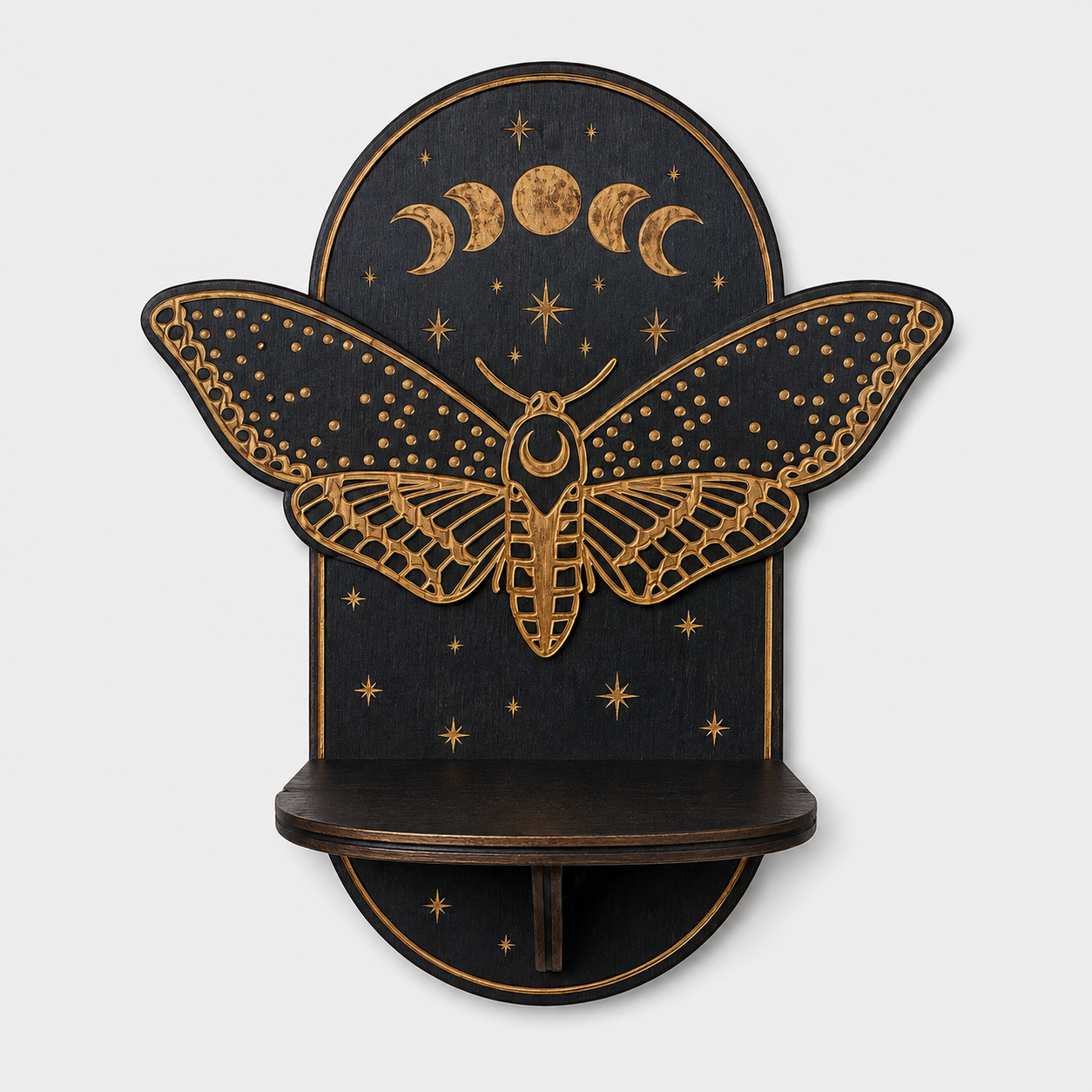 Gifts – Seasonal – Halloween : Houten Wandkaarsenhouder met Mystiek Motief – Decoratief Wandplankje voor Kaarsen in Nachtvlinder van Pantinoshop