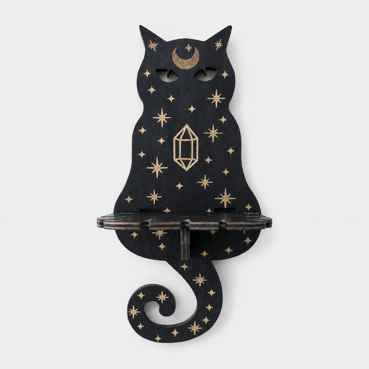 Gifts – Seasonal – Halloween : Houten Wandkaarsenhouder met Mystiek Motief – Decoratief Wandplankje voor Kaarsen in Kat van Pantinoshop