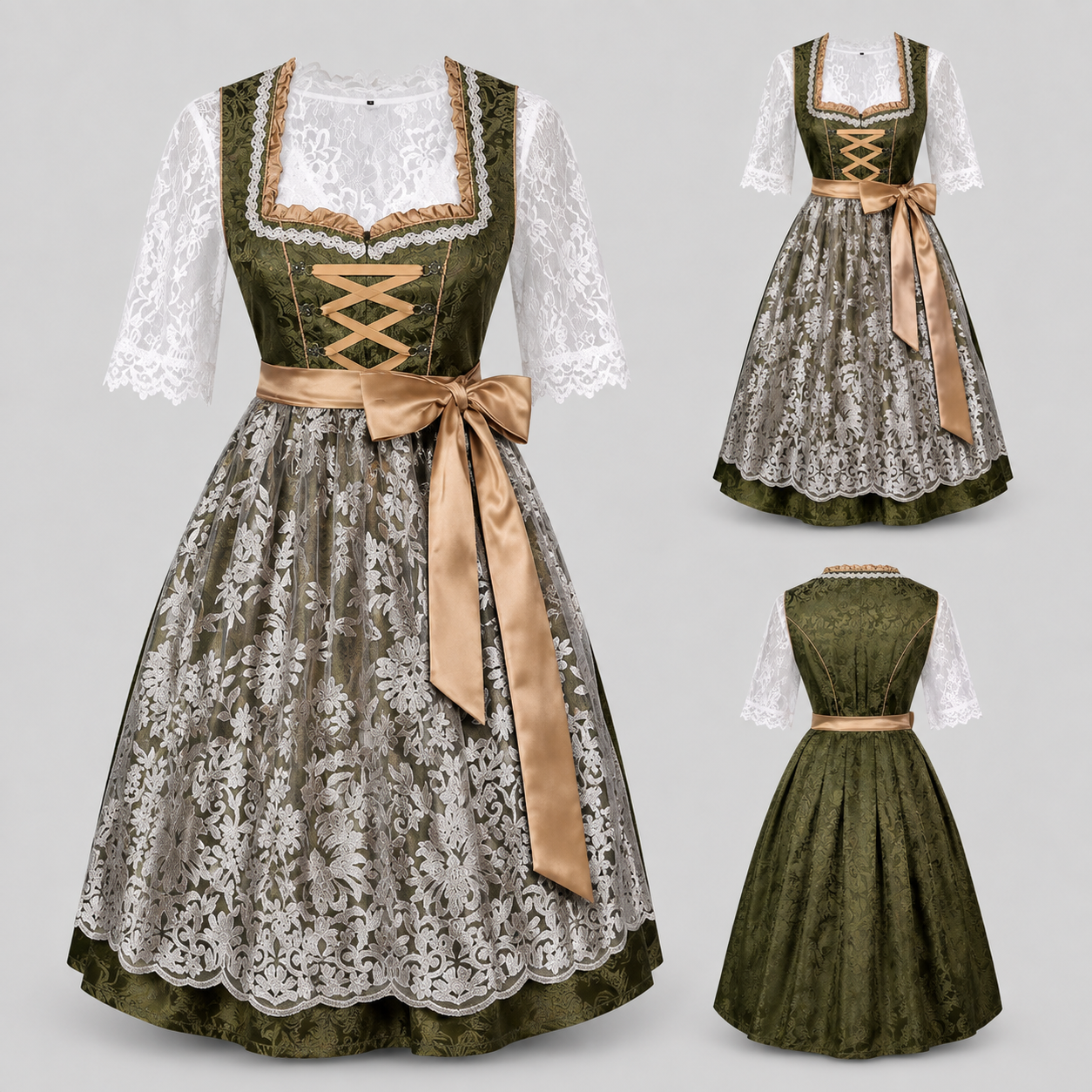 Gifts – Seasonal – Oktoberfest : Dames Dirndl Groen - Kanten Mieder, Bloemenstrik in van Steiner-boutique