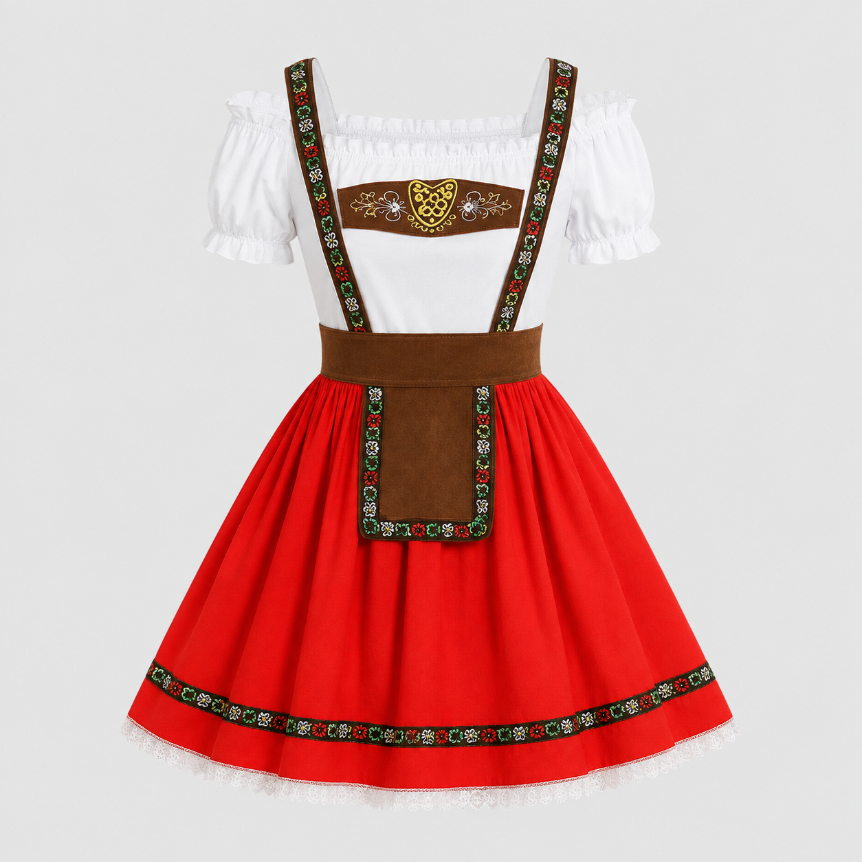 Gifts – Seasonal – Oktoberfest : Dames Dirndl Rood met Carmen-hals en pofmouwen in Rood Eén maat van Steiner-boutique