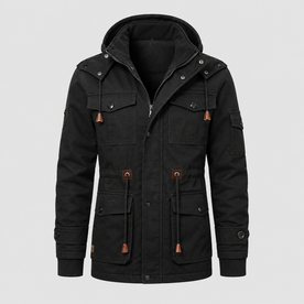 Bomber Jacket : Heren Parka met Capuchon en Utility Zakken in Zwart van Pantino