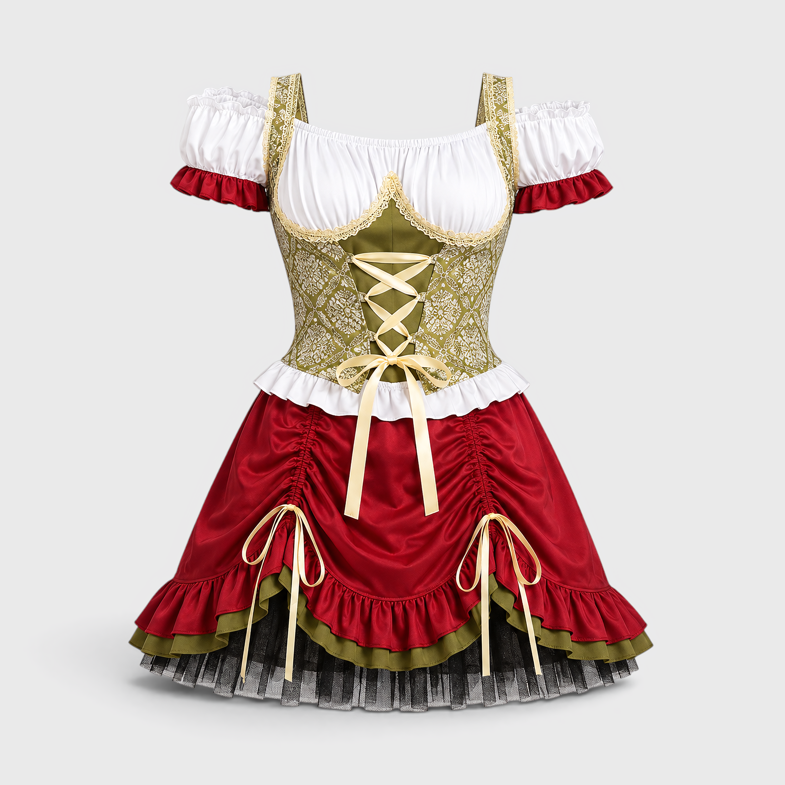 Gifts – Seasonal – Oktoberfest : Dames Oktoberfest kostuum: rijglijfje, pufmouwen en ruchesrok in Kort model [alleen op bestelling] van Steiner-boutique