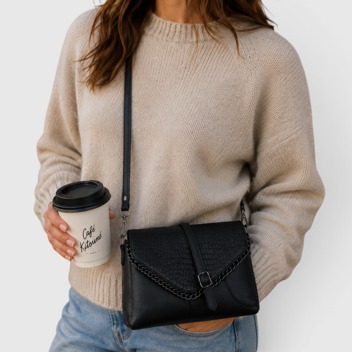 Black Crossbody Bag with Chain Detail – Stylish & Versatile