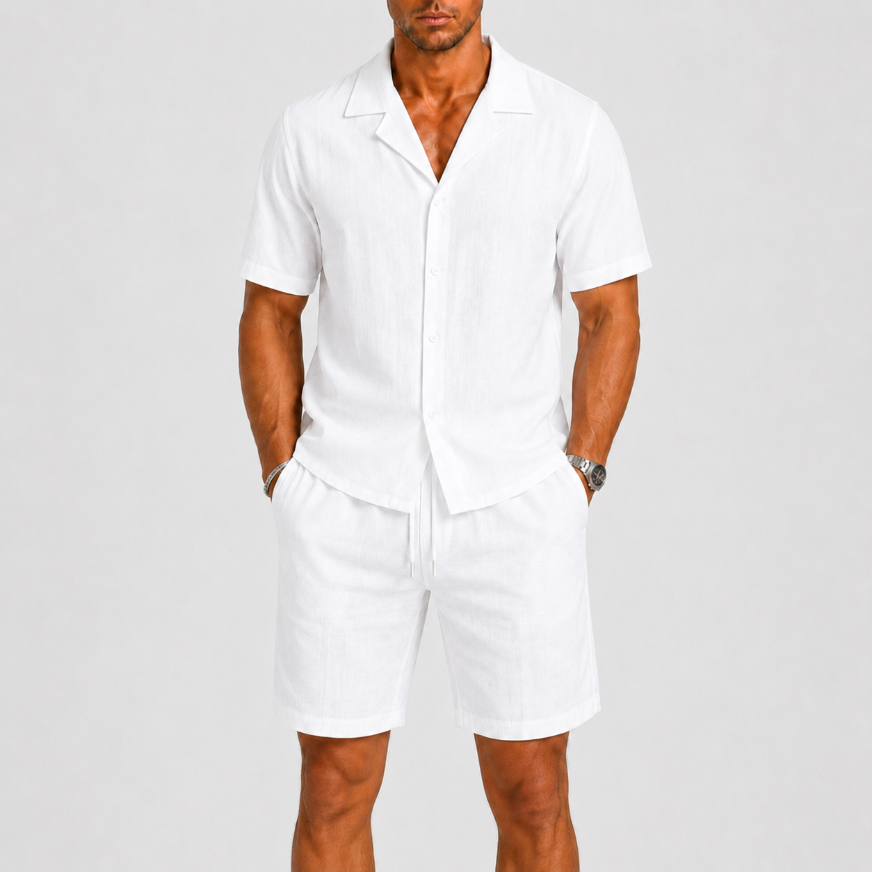 Sets : Linnen Herenpak Ontspannen Zomerse Elegantie in Bianco van Pantinoshop
