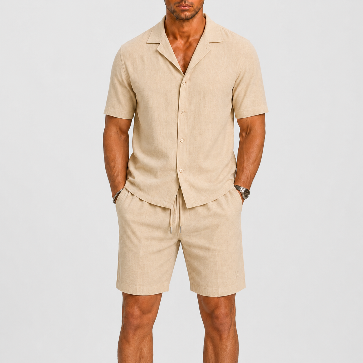 Sets : Linnen Herenpak Ontspannen Zomerse Elegantie in Beige van Pantinoshop