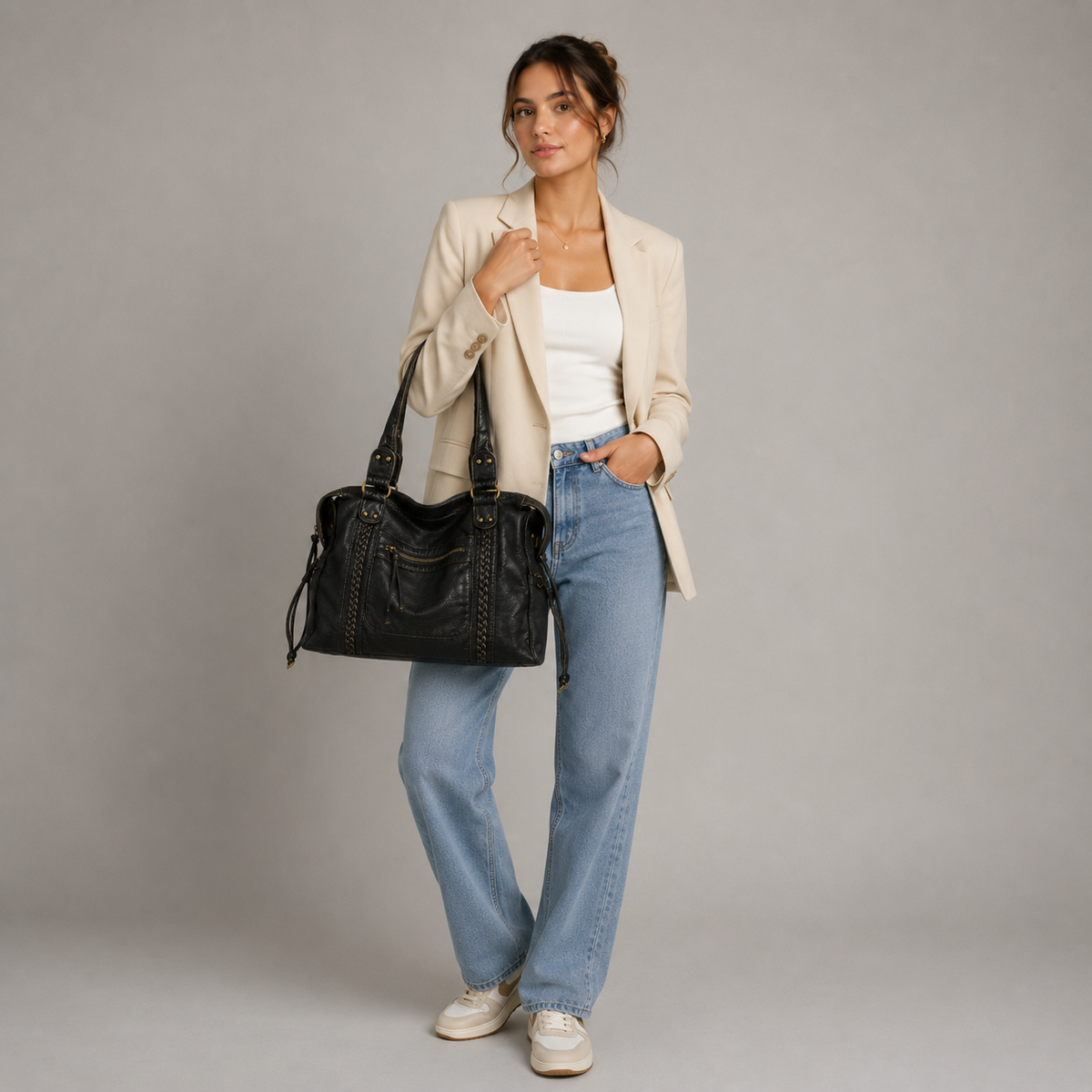 Black Shoulder Bag – Trendy Faux Leather Handbag with Zip Pockets