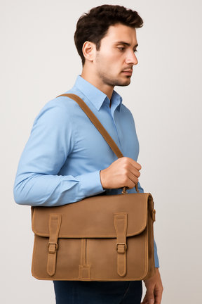 bags : Vintage Leren Koerierstas - Tijdloos Ontwerp met Messing Hardware - Lichtbruin in van Pantino