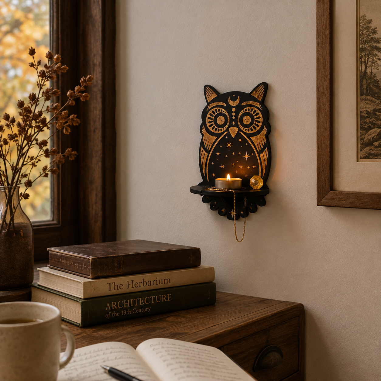 Gifts – Seasonal – Halloween : Houten Wandkaarsenhouder met Mystiek Motief – Decoratief Wandplankje voor Kaarsen in van Pantinoshop