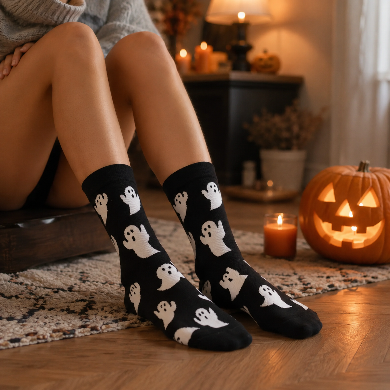 Gifts – Seasonal – Halloween : Halloween Sokken met Spookprint – Zwart & Wit – Unisex in van Pantinoshop
