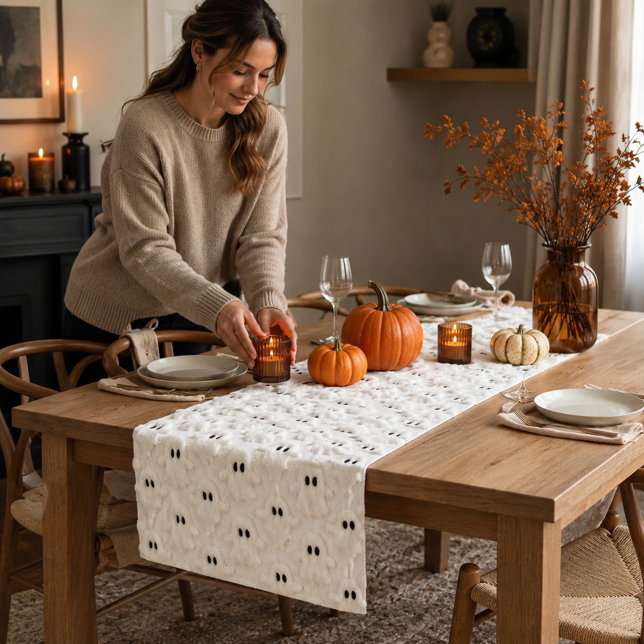 Gifts – Seasonal – Halloween : Halloween Tafelloper met 3D Spook- of Pompoenmotief – 33 × 233/275 cm in van Pantinoshop