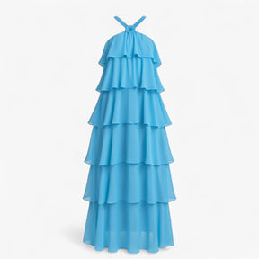 Halter Dress : Jurk Roze - Gelaagde Halterjurk met 3D-bloemen in Blauw van Pantino