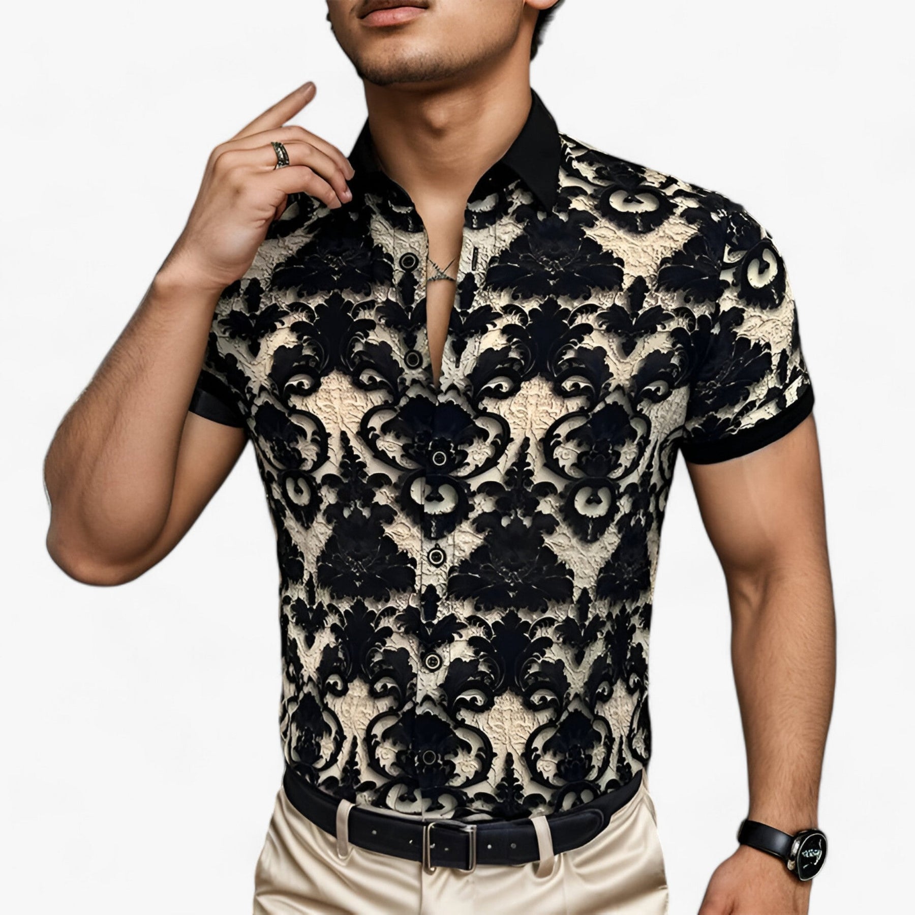 Clothes : Stretch Overhemd met Opstaande Kraag en 3D-bloemenprint - Modern Design met Comfort in van Pantino