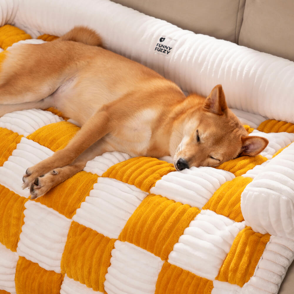 pets : Cream Square Plaid Cozy Dog Mat Furniture Protector Cover in van Pantino