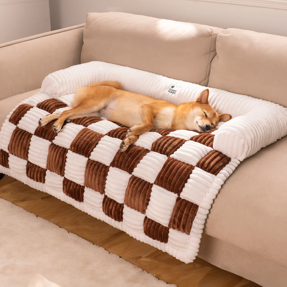 pets : Cream Square Plaid Cozy Dog Mat Furniture Protector Cover in Brown van Pantino