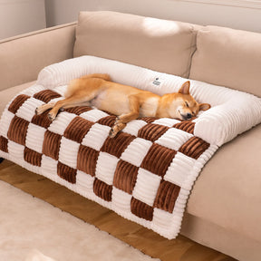 pets : Cream Square Plaid Cozy Dog Mat Furniture Protector Cover in Brown van Pantino
