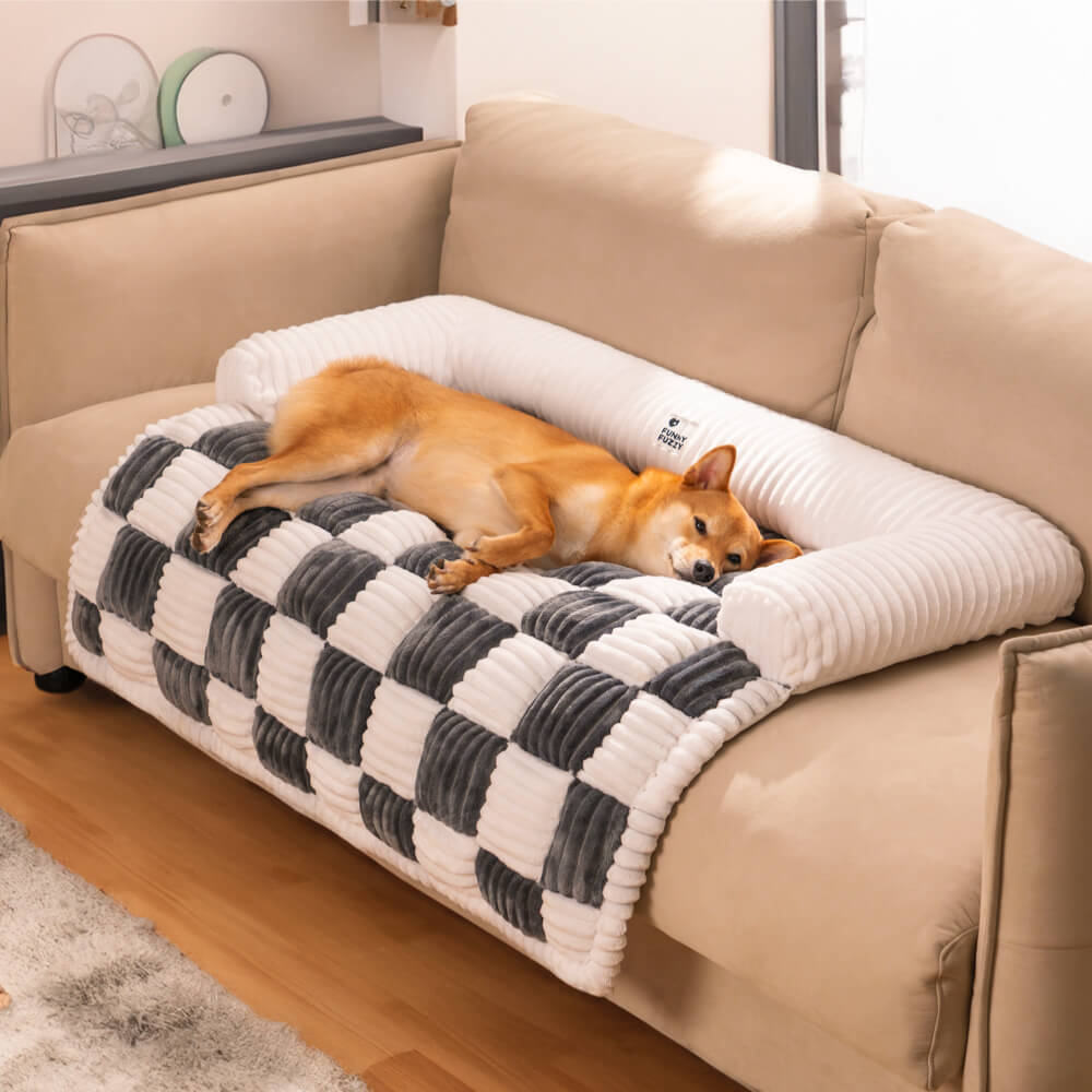 pets : Cream Square Plaid Cozy Dog Mat Furniture Protector Cover in van Pantino