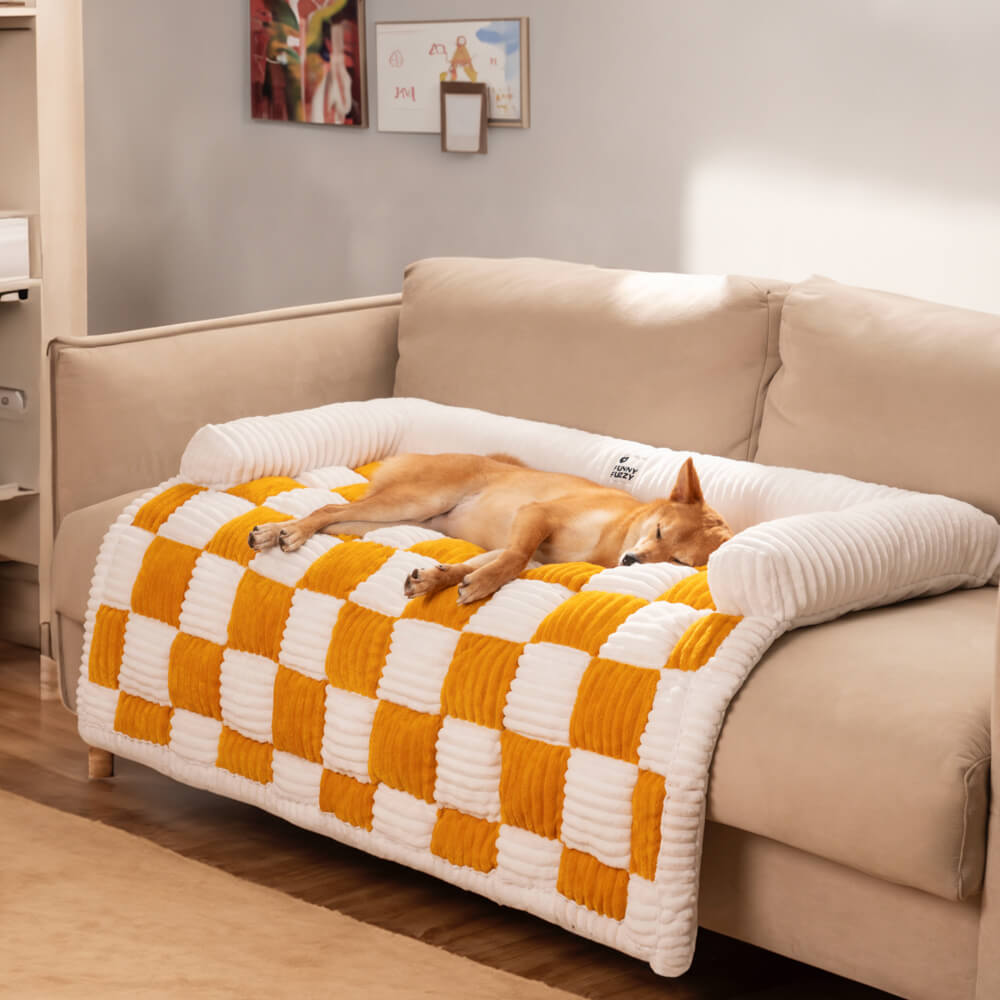 pets : Cream Square Plaid Cozy Dog Mat Furniture Protector Cover in van Pantino