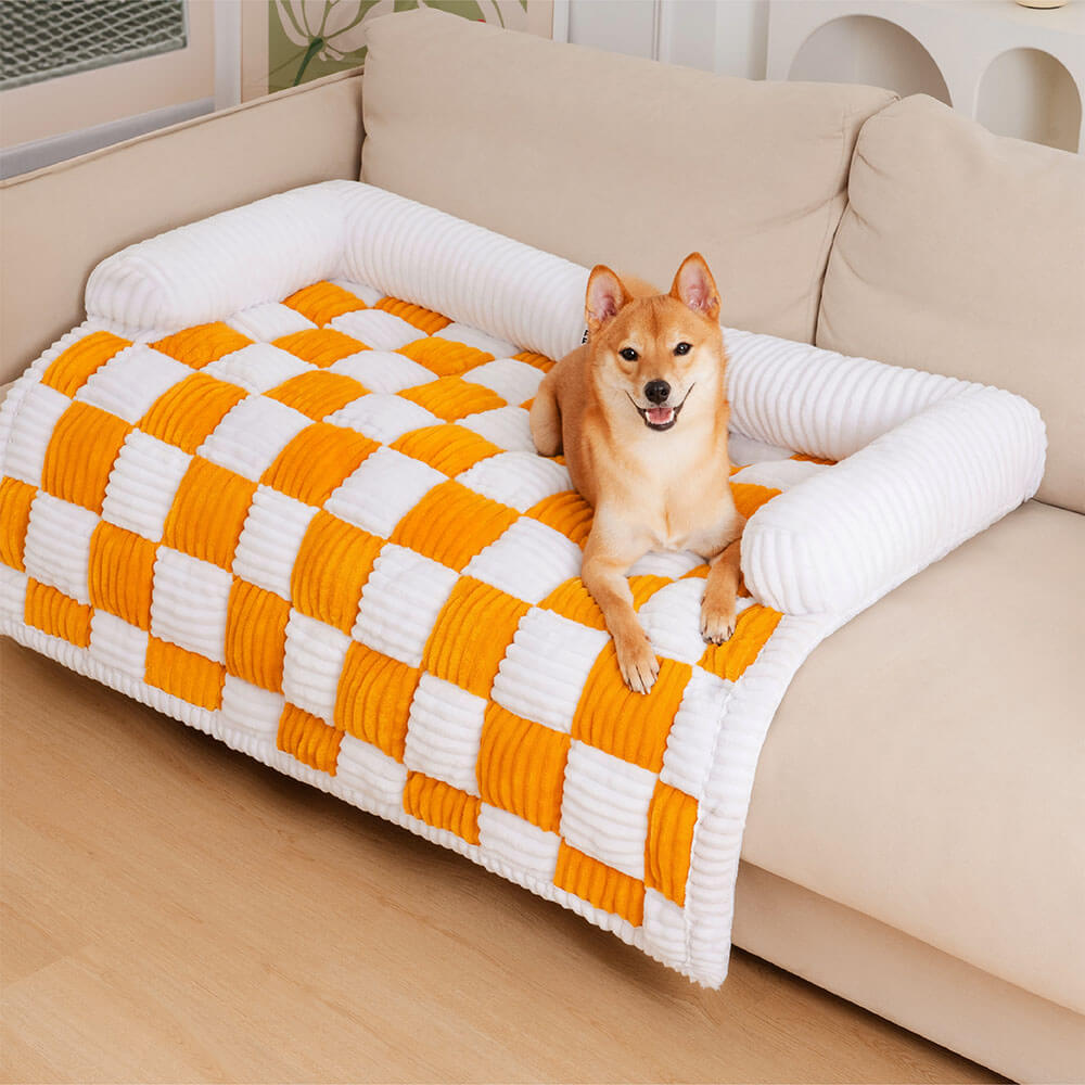 pets : Cream Square Plaid Cozy Dog Mat Furniture Protector Cover in Yellow L van Pantino
