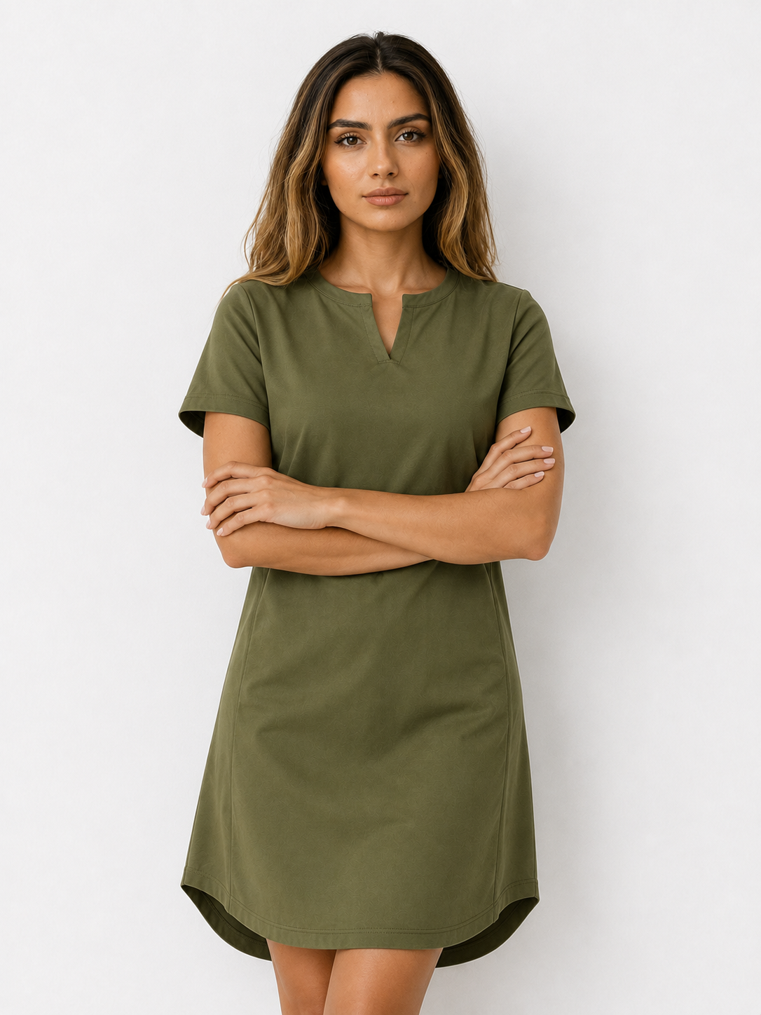 Midi Jurken : Dames Jurk van 95% Polyester en 5% Spandex met Korte Mouwen in Groen van Pantinoshop