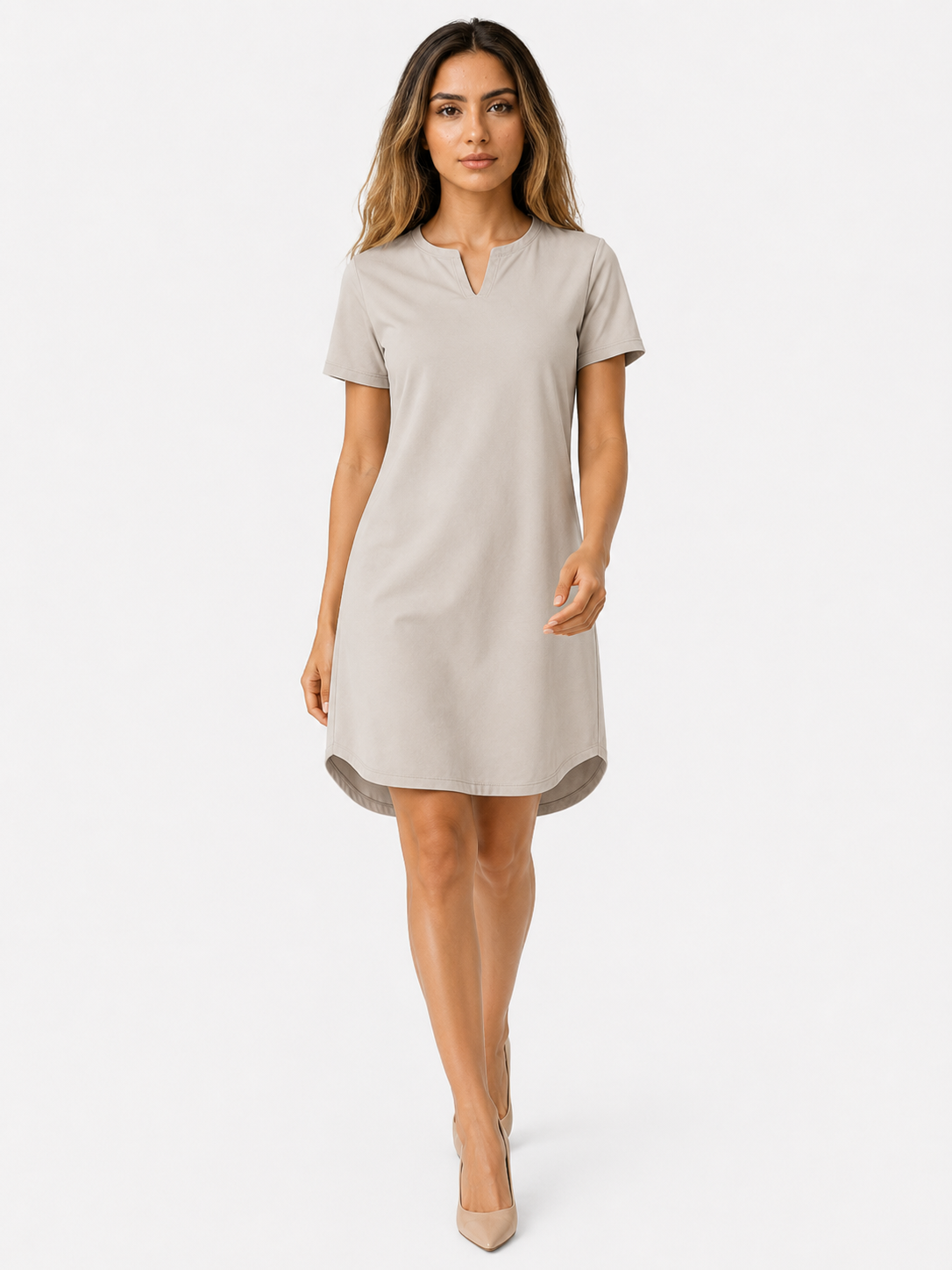 Midi Jurken : Dames Jurk van 95% Polyester en 5% Spandex met Korte Mouwen in Grijs van Pantinoshop
