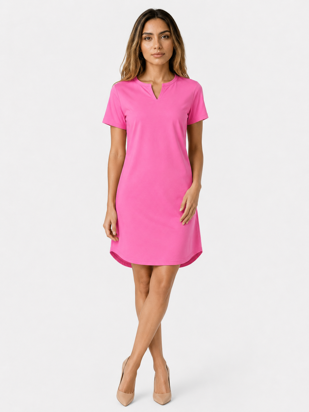 Midi Jurken : Dames Jurk van 95% Polyester en 5% Spandex met Korte Mouwen in Roze van Pantinoshop
