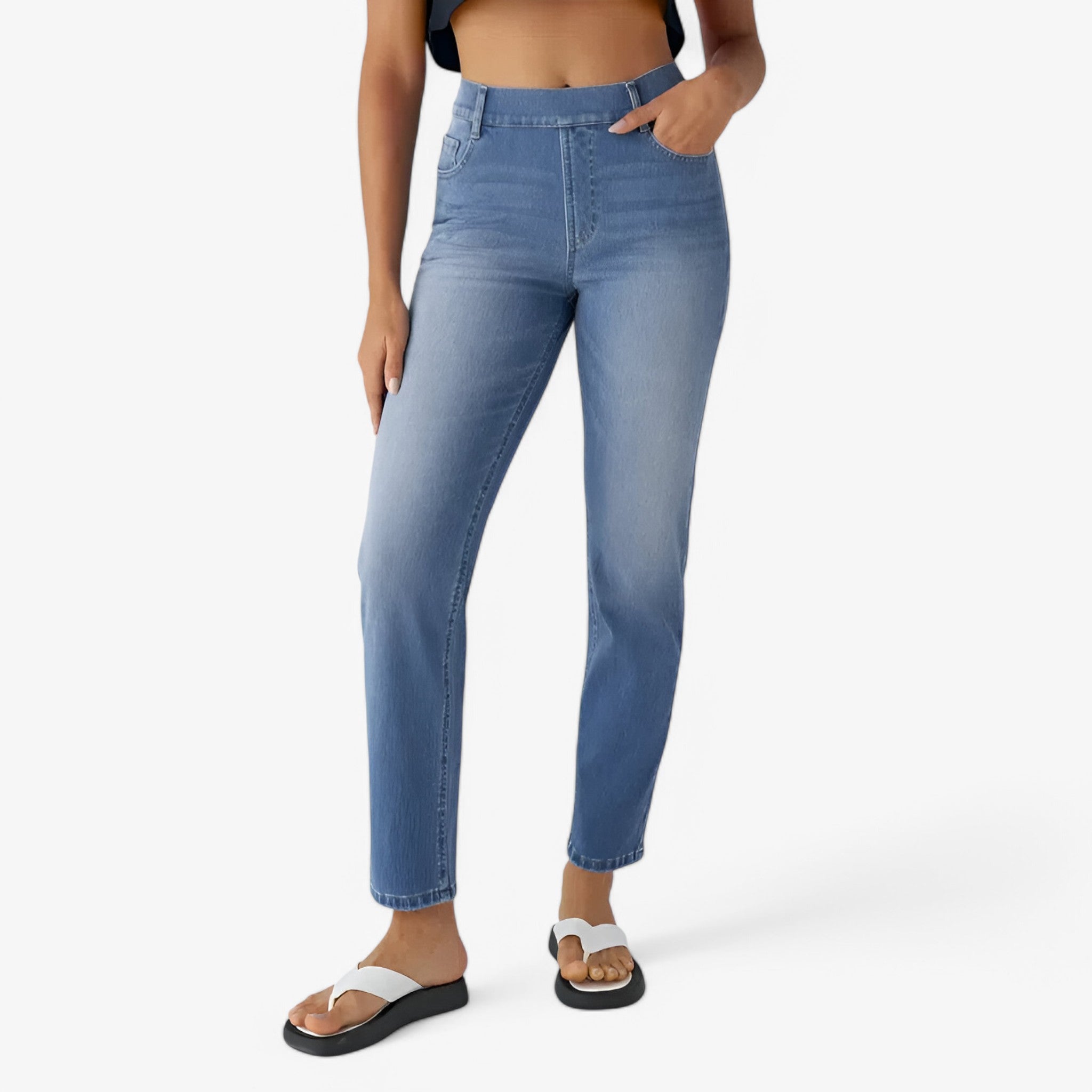 Pants : Dames Broek Zwart Hoge Taille met Elastische Band - Comfortabel & Stijlvol in Zee Blauw Denim (Slechts 3 stuks beschikbaar) van Pantino