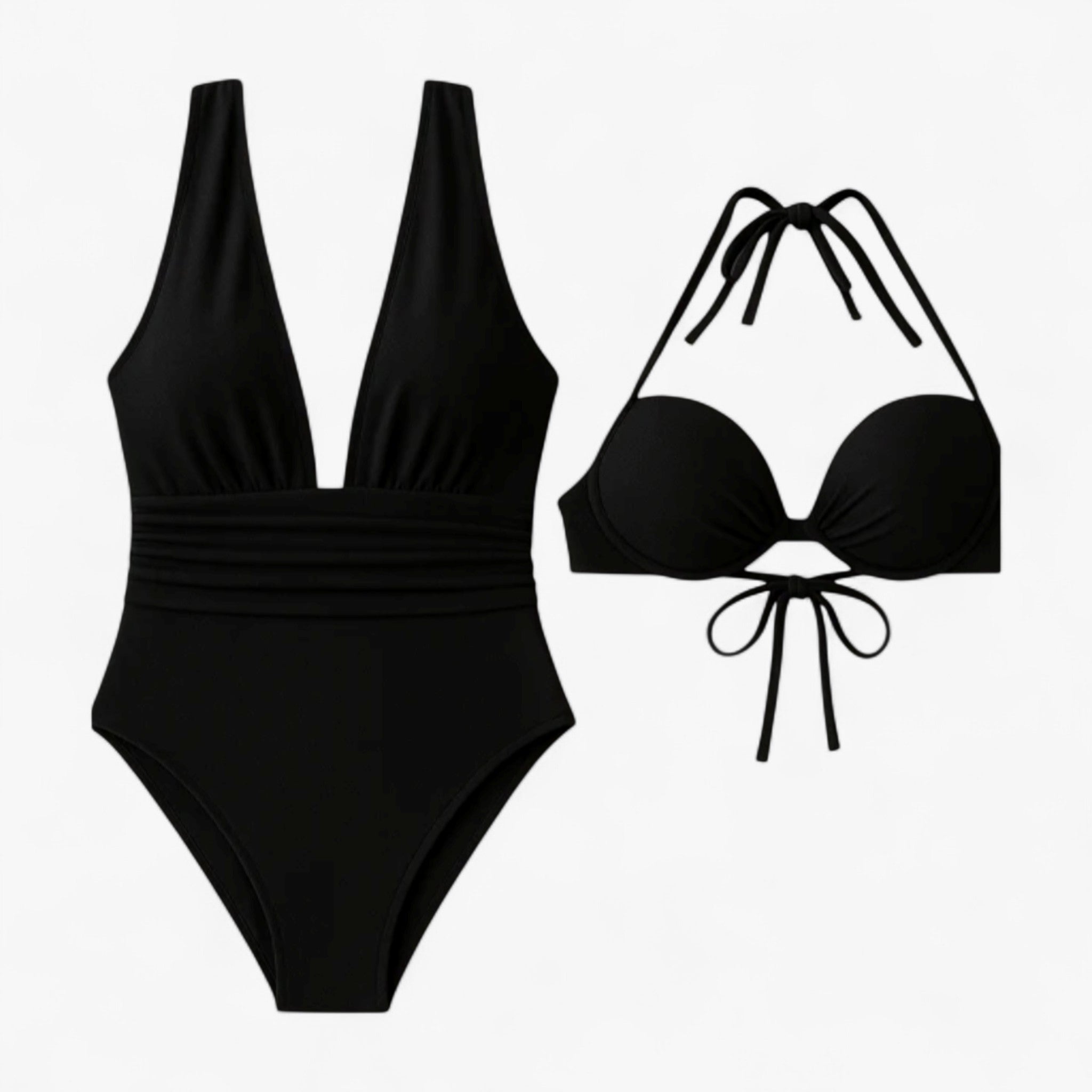 Women Set : Badpak Dames Zwart - Elegant V-hals in Zwart van Pantino