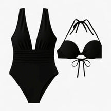 Women Set : Badpak Dames Zwart - Elegant V-hals in Zwart van Pantino