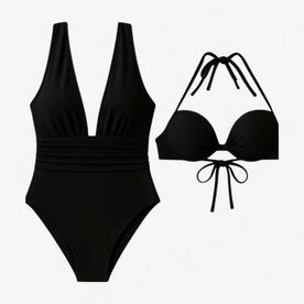 women's bikini : Dames Zwemset met V-Hals Badpak en Halter Bikinitop in Zwart van Pantinoshop