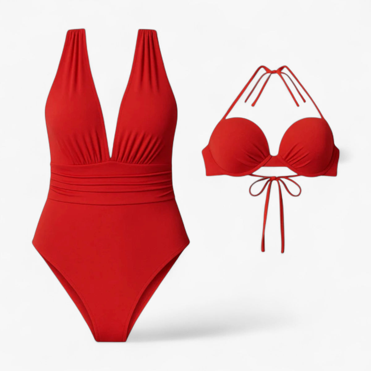 Women Set : Badpak Dames Zwart - Elegant V-hals in Rood van Pantino