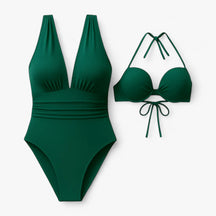 Women Set : Badpak Dames Zwart - Elegant V-hals in Groen van Pantino