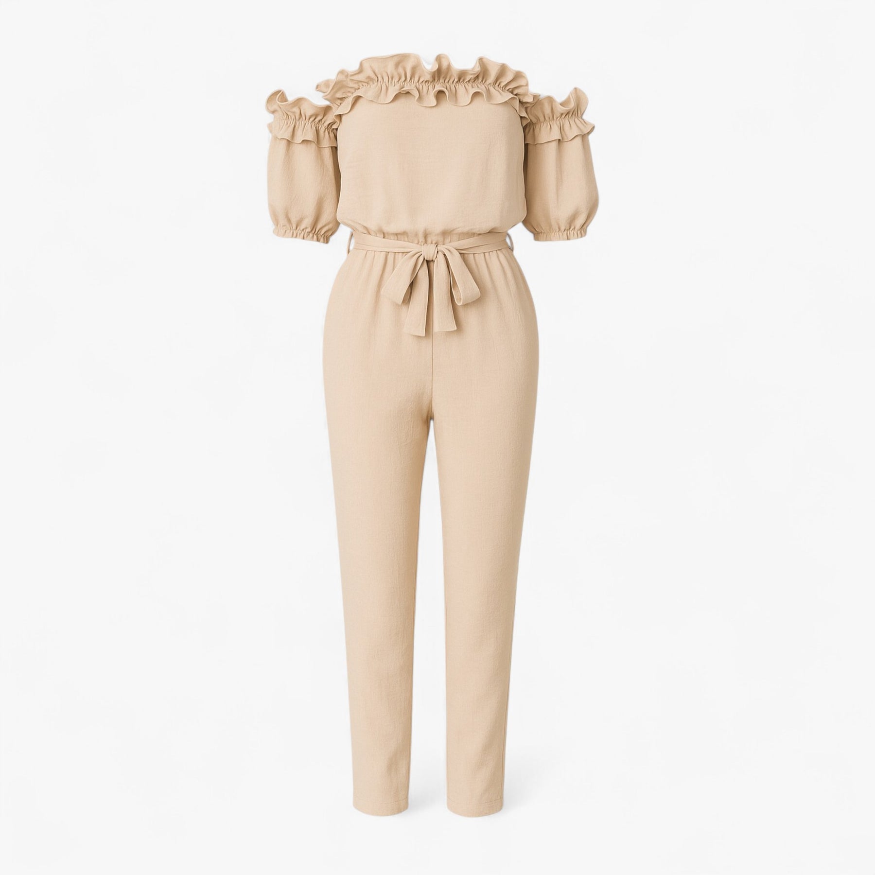 Women Clothes : Dames Elegante Kombinezon met Volantmouwen - Groen in Beige van Pantino