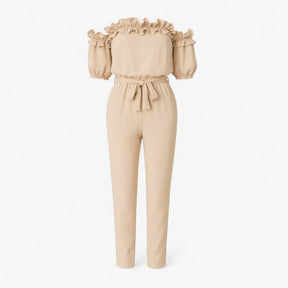 Women Clothes : Dames Elegante Kombinezon met Volantmouwen - Groen in Beige van Pantino