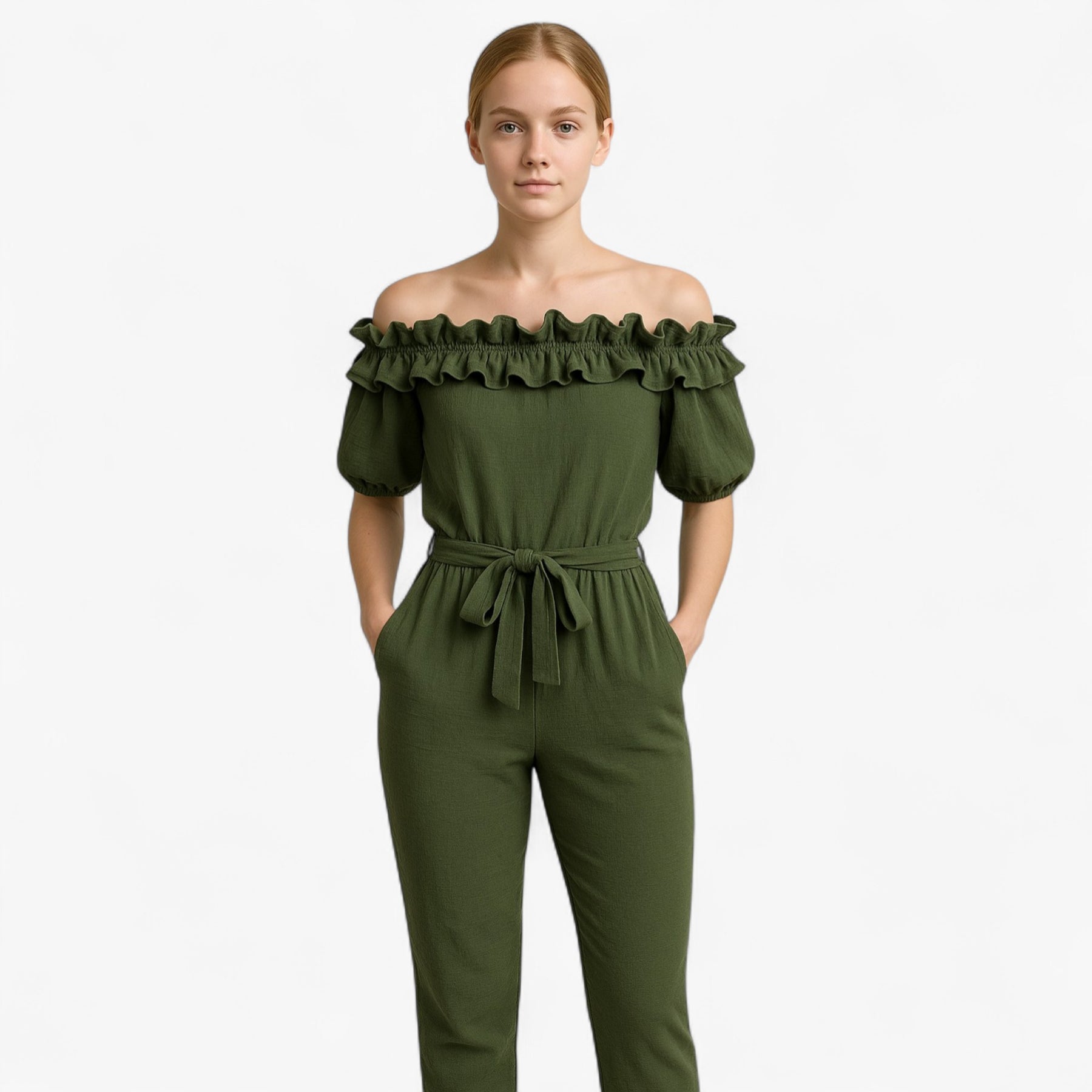 Women Clothes : Dames Elegante Kombinezon met Volantmouwen - Groen in van Pantino