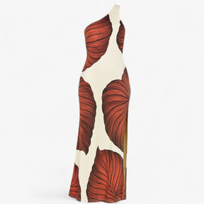 Women's Dress : Zomerjurk Dames Bruin - Elegante Lange met Palmprint in Rood van Pantino