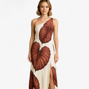 Women's Dress : Zomerjurk Dames Bruin - Elegante Lange met Palmprint in van Pantino