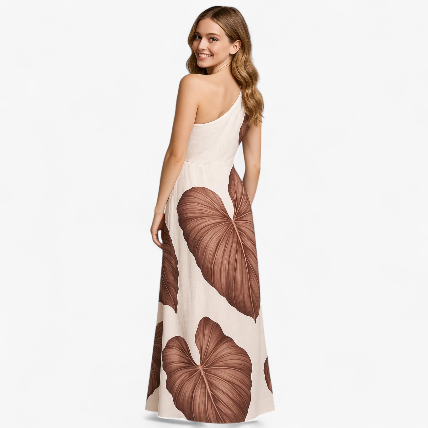 Women's Dress : Zomerjurk Dames Bruin - Elegante Lange met Palmprint in van Pantino