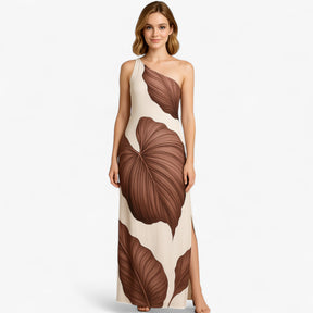 Women's Dress : Zomerjurk Dames Bruin - Elegante Lange met Palmprint in van Pantino