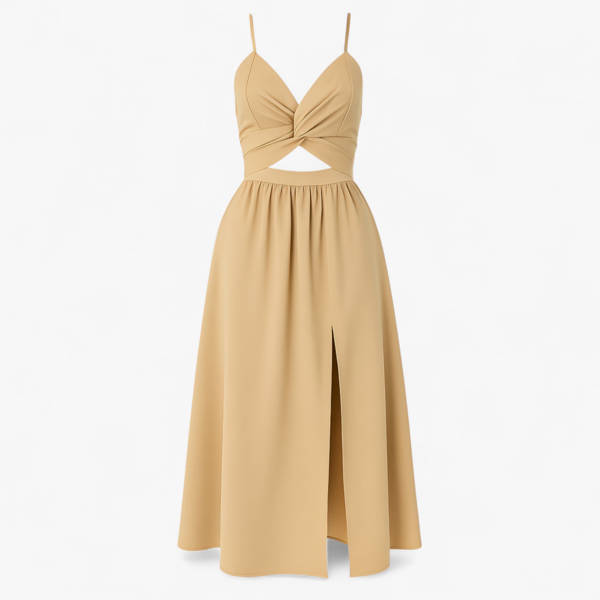 Women's Dress : Midi Jurk Dames Wit - Elegante met Dunne Bandjes in Kaki van Pantino